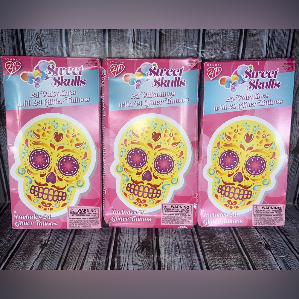 3x Sweet‎ Skulls Valentine Cards 2015 Glitter Tattoos Day of the Dead New!